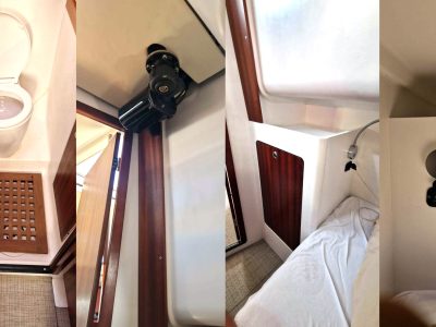 Vierteilige Boots-Kabinenszene: WC mit Holzrost, Gerät, Kajütenbett, Leselampe.