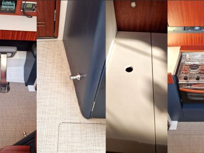 Bootkabinen-Ausschnitt: Pedal, Türknauf, Loch in Arbeitsplatte, Gasherd.